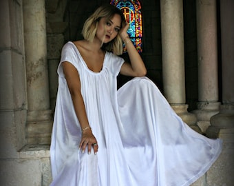 White Satin Jane Austen Cap Sleeve Full Swing Nightgown Bridal Sleepwear Wedding Lingerie Bridal Nightgown Liquid Satin