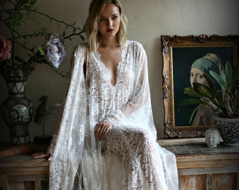 Bridal Lace Wedding Robe Bridal Lingerie Wedding Sleepwear Off White Lace Lingerie Bridal Robe Honeymoon Lingerie Lace Robe Kimono