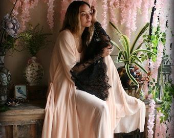 Blush Chiffon Bridal Robe Wedding Lingerie Chiffon Sleepwear Chiffon Kimono Black Lace Honeymoon Trousseau Sleepwear