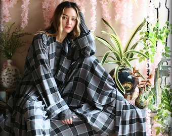 LIMITED EDITION Gray Flannel Plaid Robe Cotton Flannel Flannel Sleepwear Cotton Flannel Robe Flannel Lingerie Cotton Robe