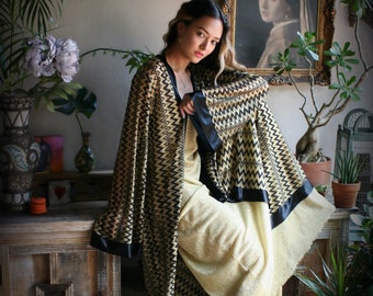 Black Gold Metallic Kimono Robe Black Satin Banded Missoni Style Knit Wrap Lingerie Robe Sleepwear