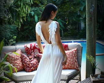 White Satin Bridal Nightgown Angel Wings Nightgown Backless Bridal Lingerie Wedding Nightgown Satin Sleepwear