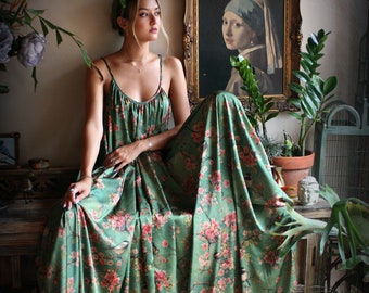 Satin Bridal Nightgown Bird Print Bohemian Chic Satin Lingerie Satin Bridal Honeymoon Sleepwear Green Satin Nightgown Bridal Lingerie