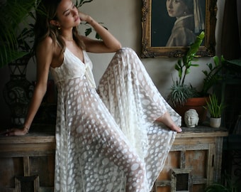Bridal Lingerie  Ivory Lace Nightgown Tie Front Waterfall Gown Wedding Sleepwear Honeymoon  Ivory Lace  Wedding Lingerie
