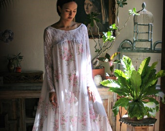 Camisón de algodón con estampado de rosas, ropa de dormir estilo Jane Austen, lencería de algodón, ropa de dormir de algodón, ropa de estar en casa de algodón, camisón de luna de miel