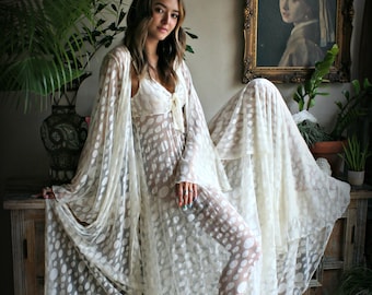 Ivory Lace Bridal Robe Wedding Lingerie Mesh Lace Bridal Lingerie Bridal Sleepwear Dotted Ivory Lace Wrap Robe Wedding Sleepwear