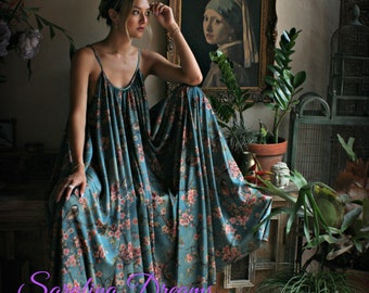 Satin Bridal Nightgown Bird Print Bohemian Chic Satin Lingerie Satin Bridal Honeymoon Sleepwear Blue Satin Nightgown Bridal Lingerie