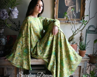 Rayon Nightgown Green Bohemian Print Caftan Sleepwear Backless Dress Nightgown Bridal Nightgown Lingerie Bridal Lingerie