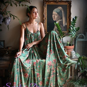 Satin Bridal Nightgown Bird Print Bohemian Chic Satin Lingerie Satin Bridal Honeymoon Sleepwear Green Satin Nightgown Bridal Lingerie