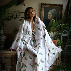 100% Cotton Flower Print Robe White Cotton Kimono Lingerie Cotton Sleepwear White Cotton Robe Honeymoon Robe Bridal Robe