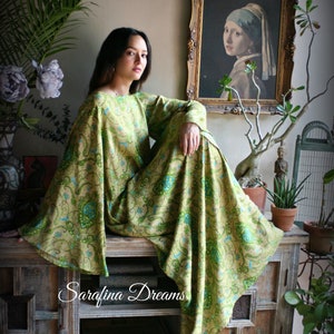 Rayon Nightgown Green Bohemian Print Caftan Sleepwear Backless Dress Nightgown Bridal Nightgown Lingerie Bridal Lingerie