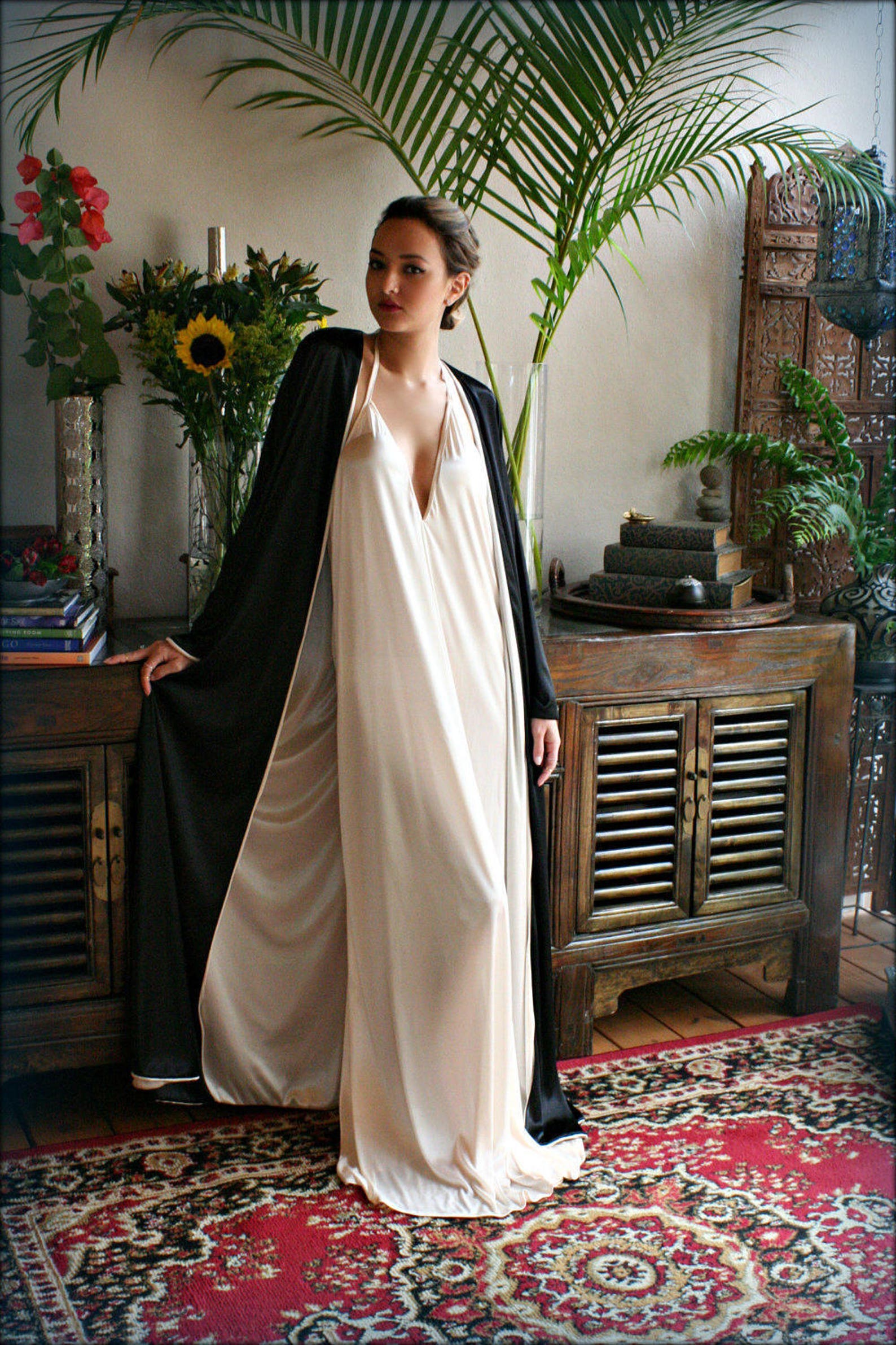 Reversible Robe Reversible Satin Robe Two Tone Two Color Bridal Robe Black Wedding Robe ...
