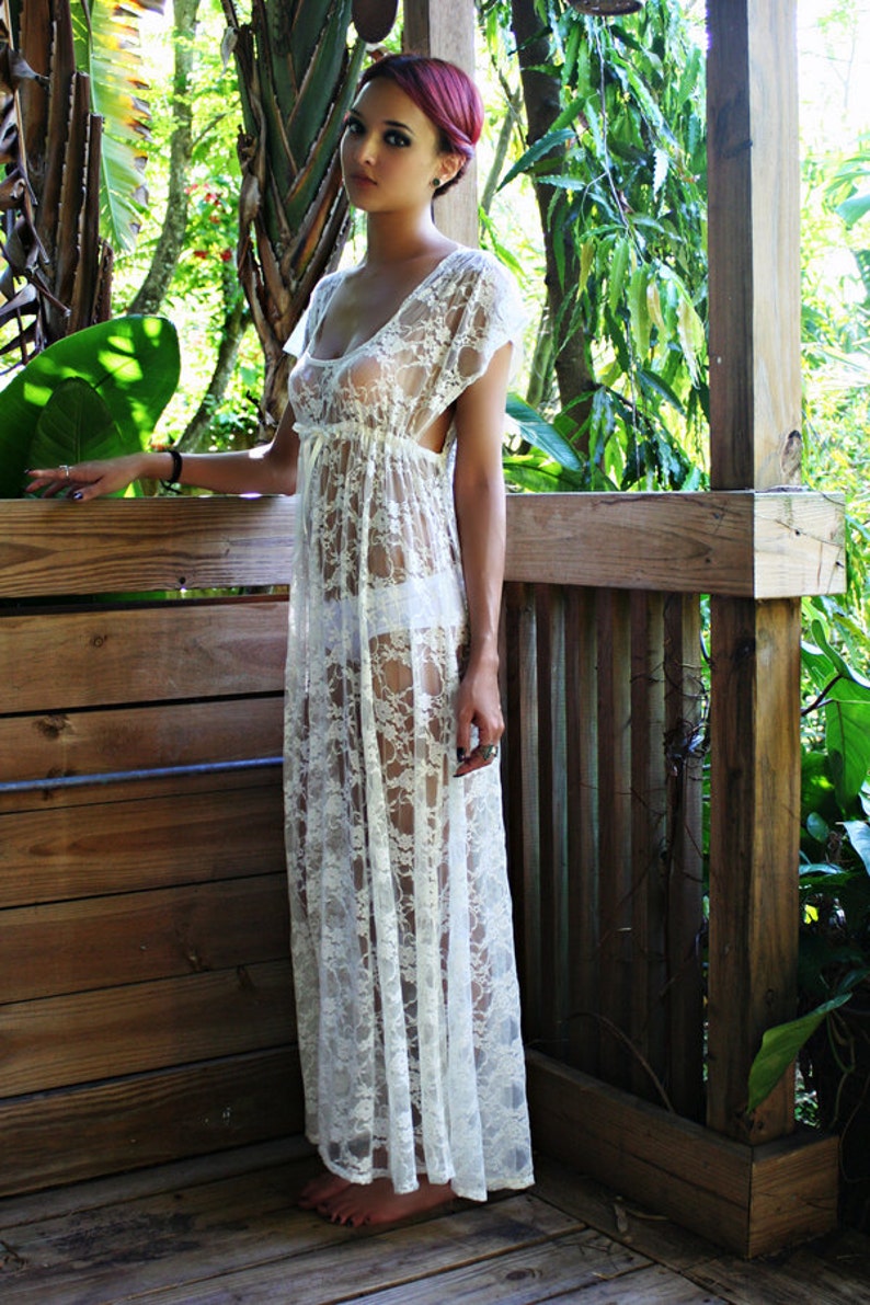 Sheer Lace Bridal Nightgown Lingerie Wedding Trousseau Ivory Lace White Lace Empire Bodice Honeymoon Sleepwear 