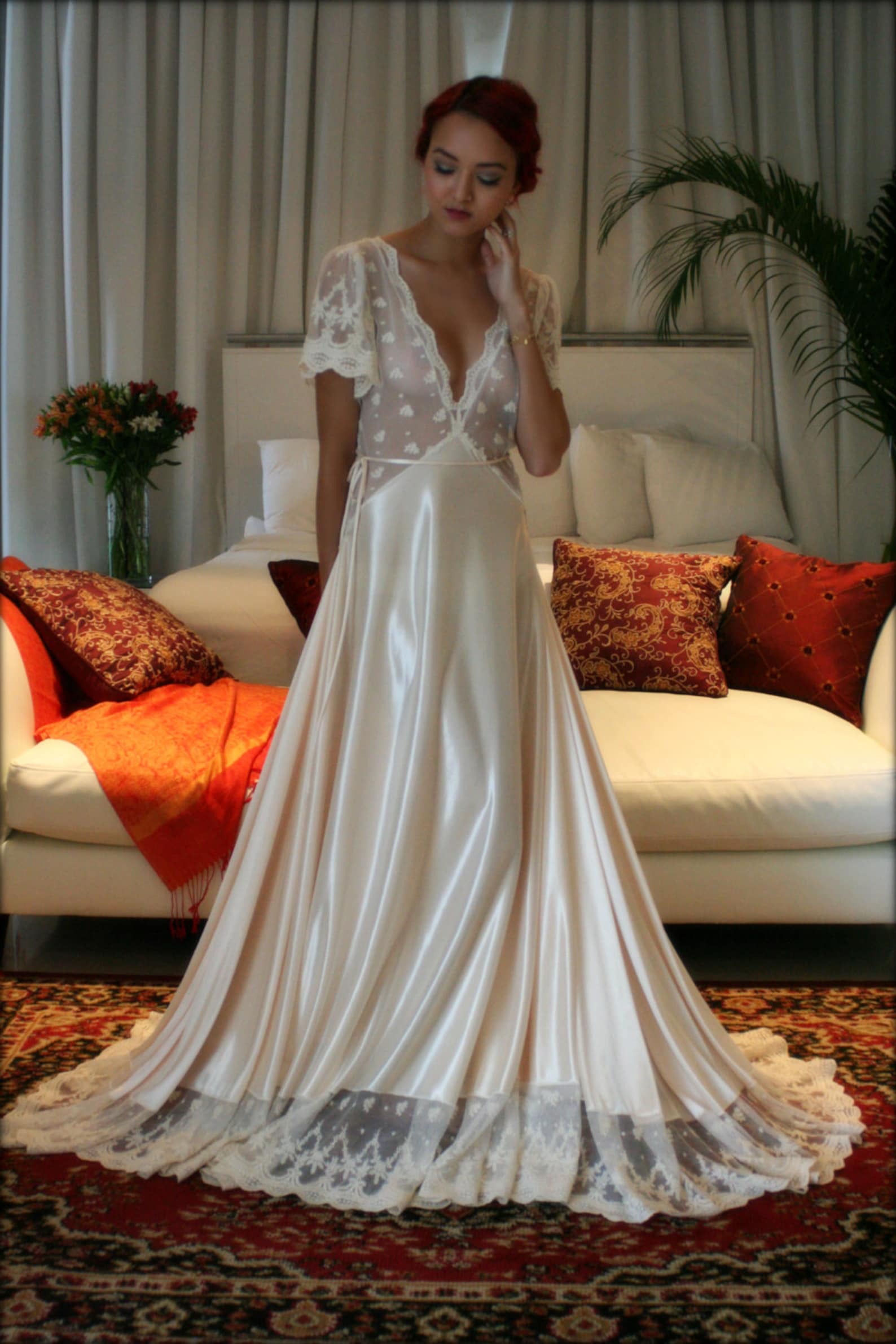 Bridal Nightgown Amelia Satin Embroidered Lace Wedding Etsy