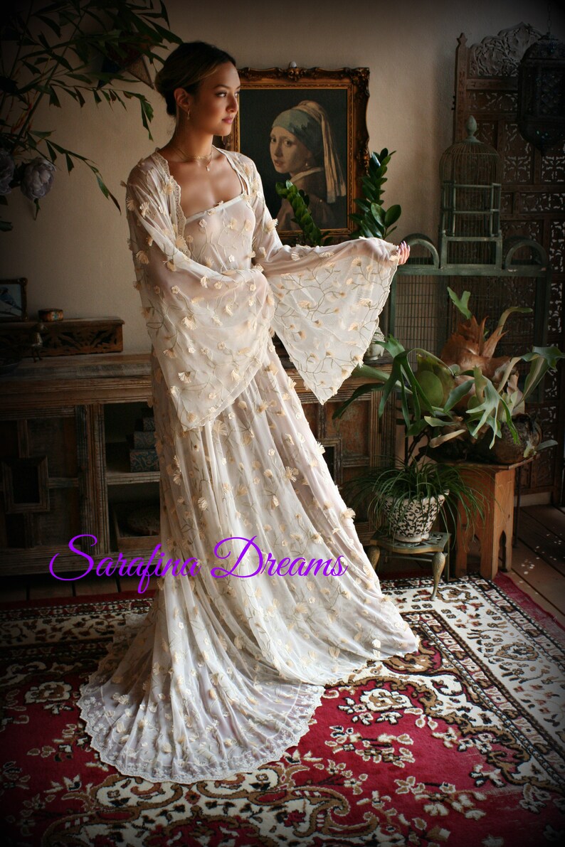 Embroidered Lace Bridal Robe 3D Flower Wedding Lingerie Lace Kimono Robe Bridal Lingerie Ivory Lace Sleepwear Gold Bridal Lingerie image 6