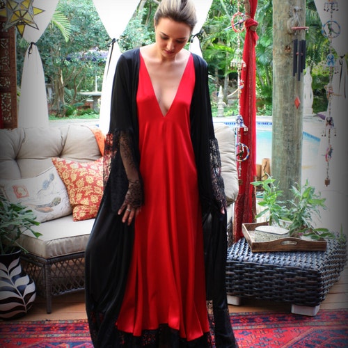 Black Satin Robe Wide Lace Trim Valentines Day Lingerie Black Etsy