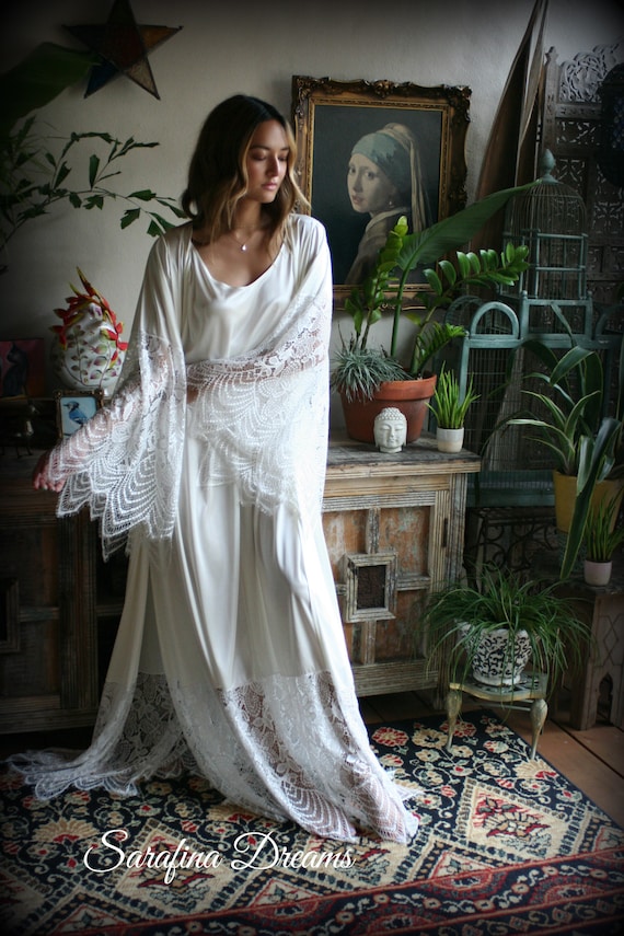satin lace dressing gown Bridal Satin and Lace Robe Wedding Sleepwear Bridal Robe Lingerie Wedding  Lingerie Lace Sleepwear Honeymoon Kimono Lingerie