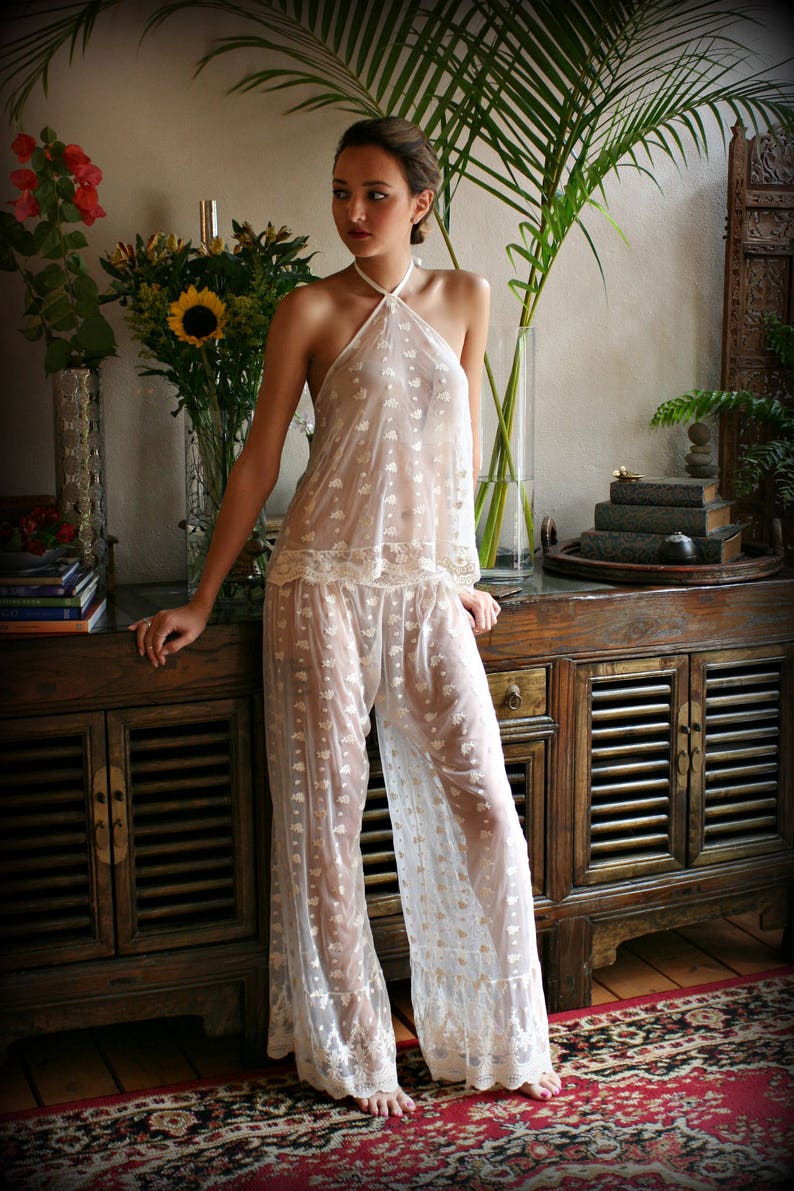 Embroidered Lace Bridal Lingerie Ivory Bridal Pajama Wedding Lingerie Honeymoon Sleepwear Halter Backless Lace Pajama Sarafina Dreams