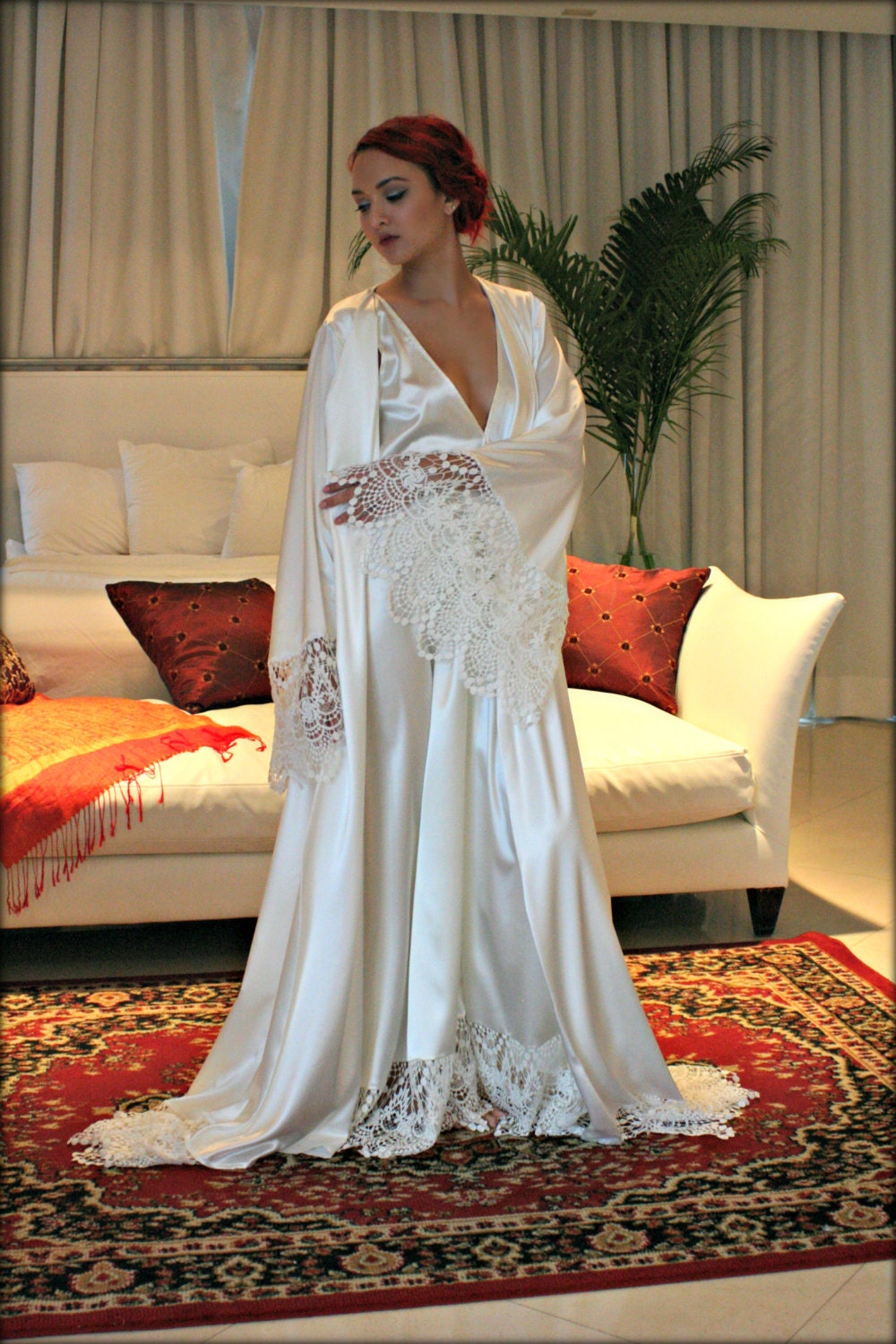 Satin Bridal Robe Wedding Trousseau Satin Sleepwear Wedding Robe Bridal  Lingerie Venise Lace Satin Wedding Lingerie Lace Robe