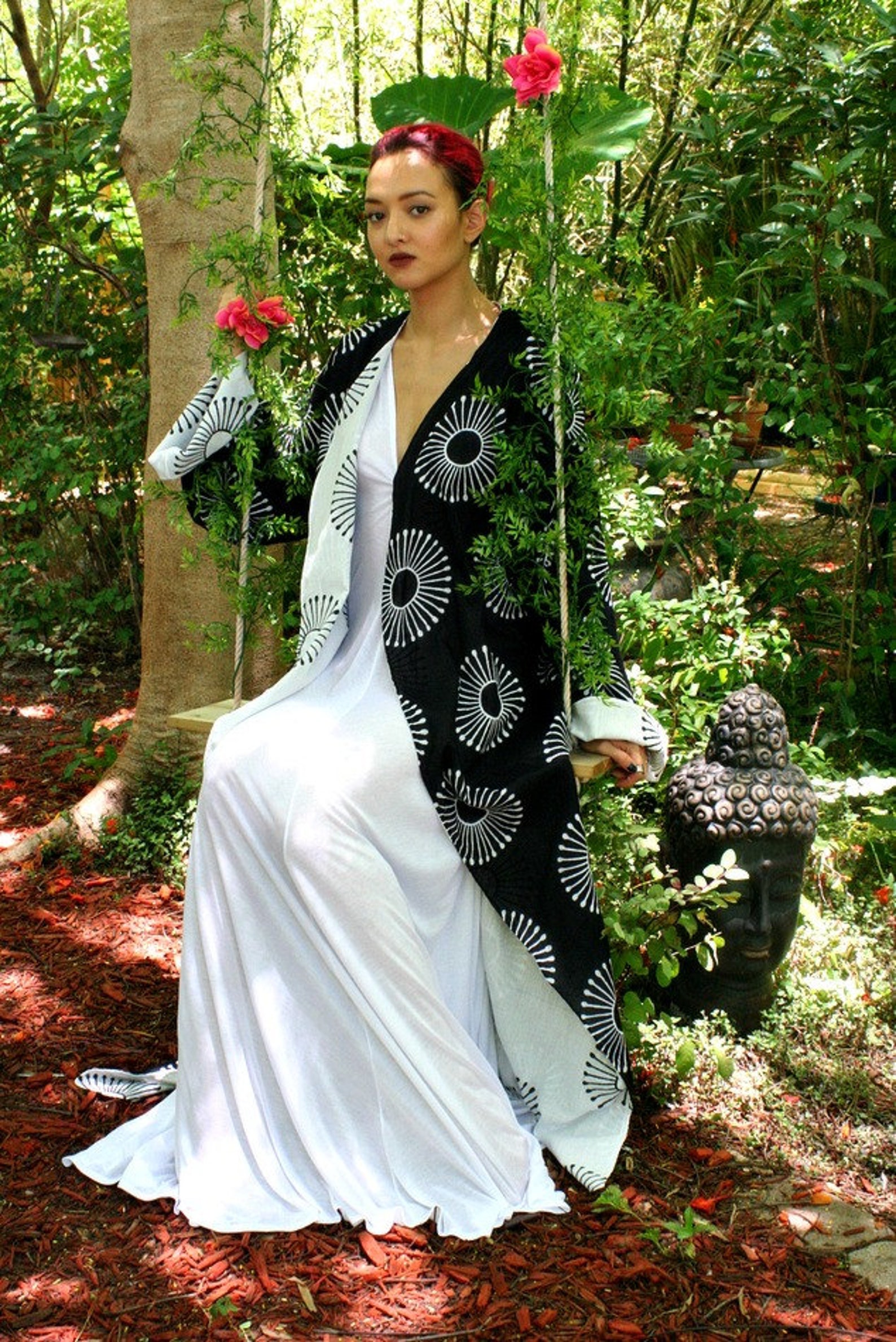 Boho Chic Black White Pyramid Stamped Cotton Kimono Robe
