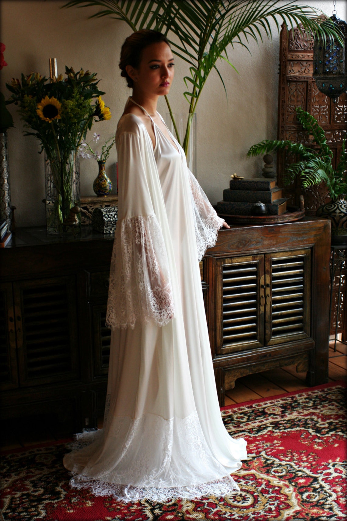 Satin Bridal Robe Lace Trimmed Angel Sleeve Wedding Sleepwear | Etsy