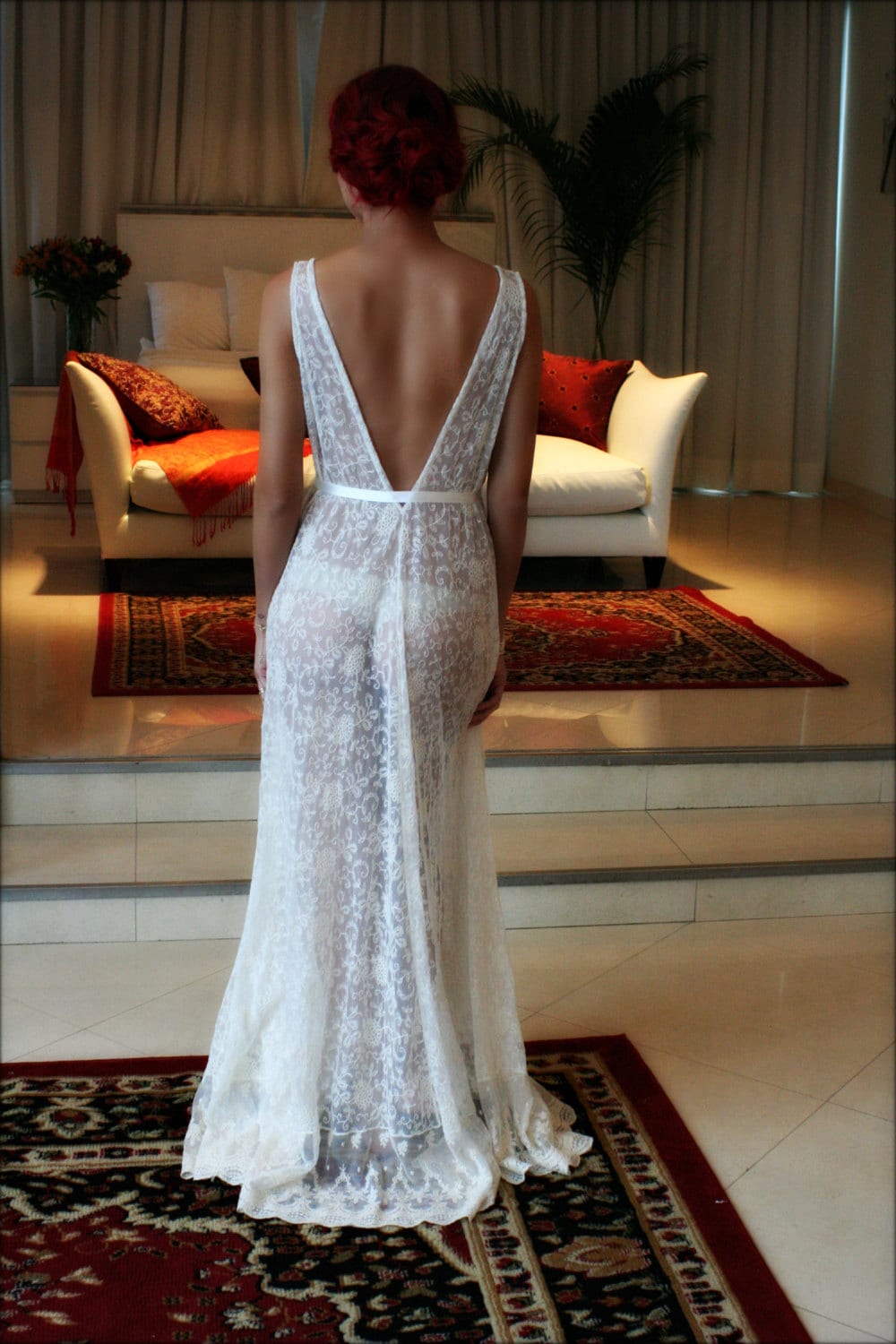 Lace Bridal Nightgown French Lace Wedding Lingerie Bridal Sleepwear Backless Wedding Sleepwear Bridal Lingerie Ivory Lace Nightgown