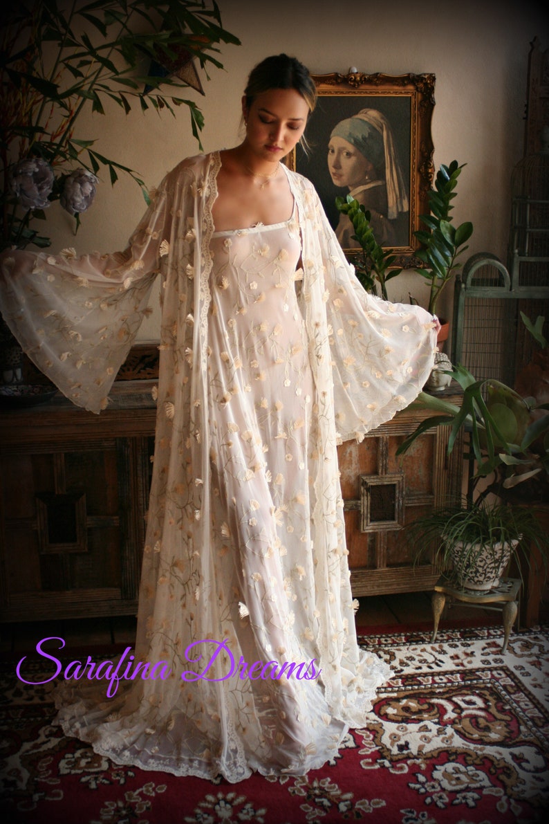 Embroidered Lace Bridal Robe 3D Flower Wedding Lingerie Lace Kimono Robe Bridal Lingerie Ivory Lace Sleepwear Gold Bridal Lingerie image 7