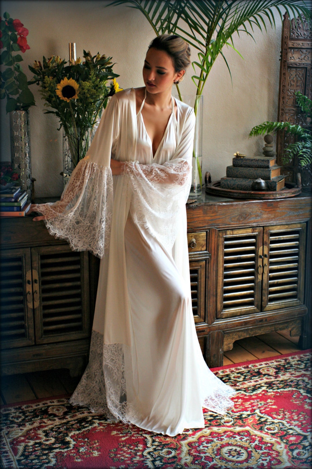 Satin Bridal Robe Lace Trimmed Angel Sleeve Wedding Sleepwear - Etsy