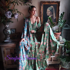 Satin Bridal Robe Bird Print Wedding Robe Bridal Lingerie Kimono Wrap Satin Robe Blue Green Satin Sleepwear