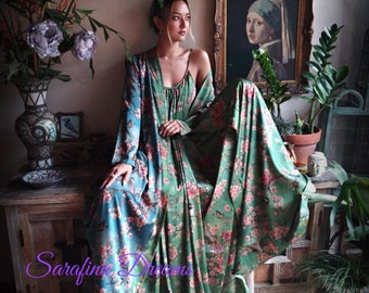 Satin Bridal Robe Bird Print Wedding Robe Bridal Lingerie Kimono Wrap Satin Robe Blue Green Satin Sleepwear