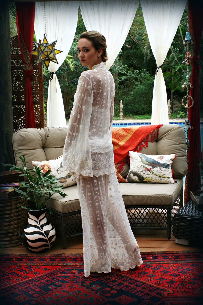 Embroidered Lace Bridal Lingerie Ivory Bridal Pajama Wedding Lingerie Honeymoon Sleepwear Halter Backless Lace Pajama Sarafina Dreams