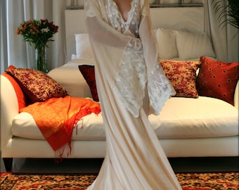 Bridal Silk Robe Champagne Chiffon Bridal Lingerie Wedding Robe Bridal Robe French Versailles Lace Bridal Sleepwear Wedding Sleepwear