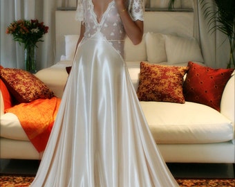 Camisón de novia Amelia Satén Bordado Encaje Lencería de boda Ropa de dormir de novia Champán Satén Vestido de novia Ajuar Ropa de dormir Luna de miel