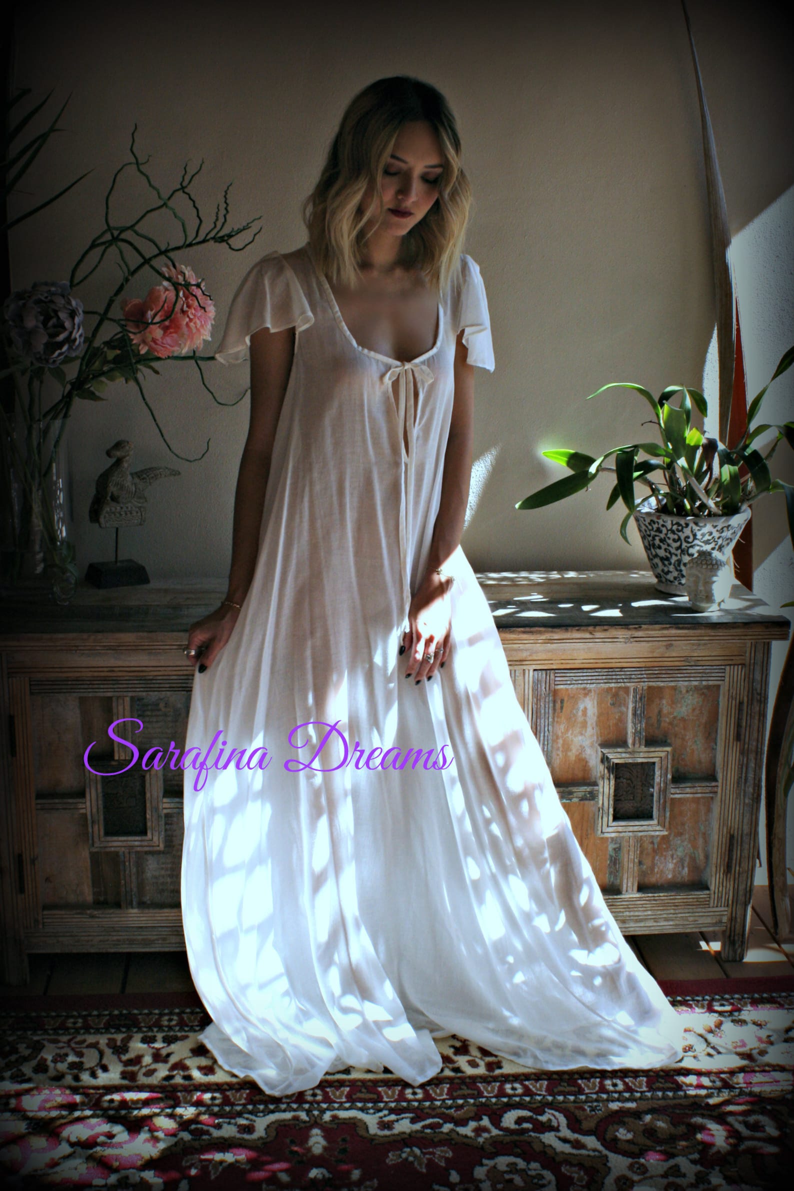 100% Cotton Nightgown Flutter Sleeve Tie Open Bodice Lingerie | Etsy