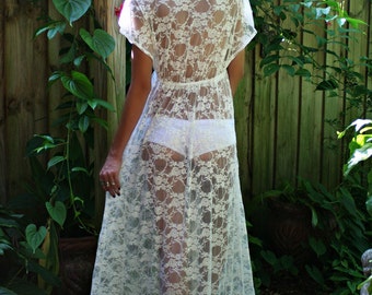 Sheer Lace Bridal Nightgown Lingerie Wedding Trousseau Ivory Lace White Lace  Empire Bodice Honeymoon Sleepwear 