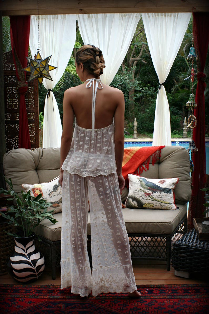 Embroidered Lace Bridal Lingerie Ivory Bridal Pajama Wedding Lingerie Honeymoon Sleepwear Halter Backless Lace Pajama Sarafina Dreams
