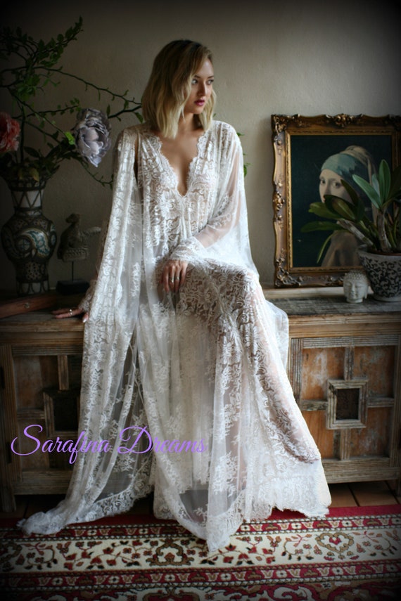 Bridal Lace Wedding Robe Bridal Lingerie Wedding Sleepwear off White Lace Lingerie  Bridal Robe Honeymoon Lingerie 