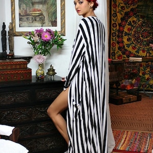 Satin Wrap Kimono Robe Black and White Stripe Satin Lingerie Satin Loungewear Satin Sleepwear Honeymoon Lingerie Cruise Wear image 1