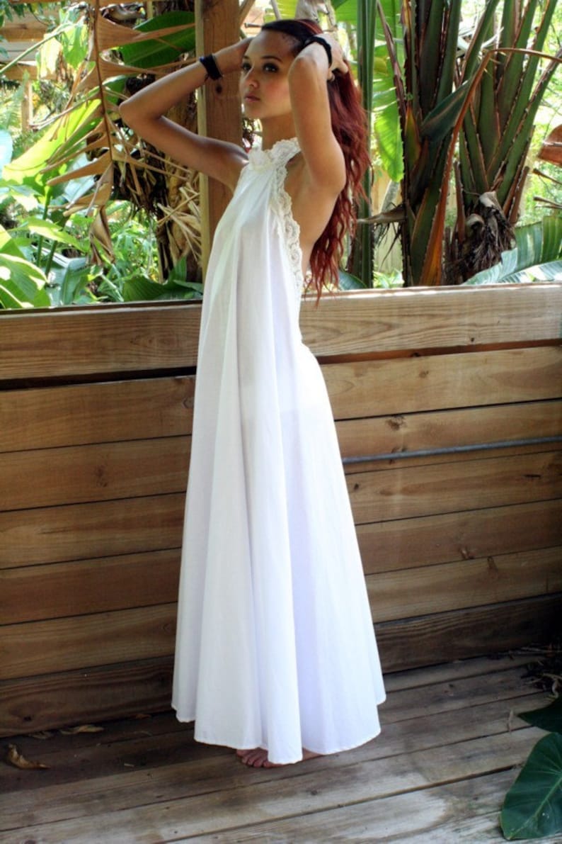 100 Cotton White Backless Nightgown Lace Halter Bridal Night Etsy Canada