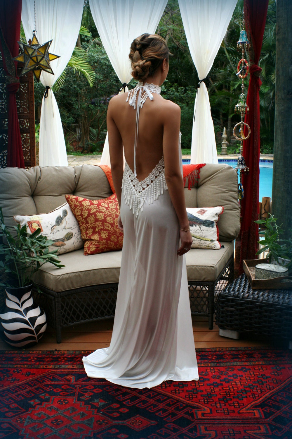 Bohemian Backless Satin Nightgown Bridal Lingerie Wedding Nightgown Peacock Lace Halter Gown Honeymoon Lingerie