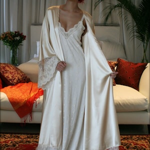 Fiona Champagne Satin Bridal Wedding Robe Bridal Lingerie Wedding Sleepwear Embroidered French Lace Robe Art Deco Luxury Lingerie