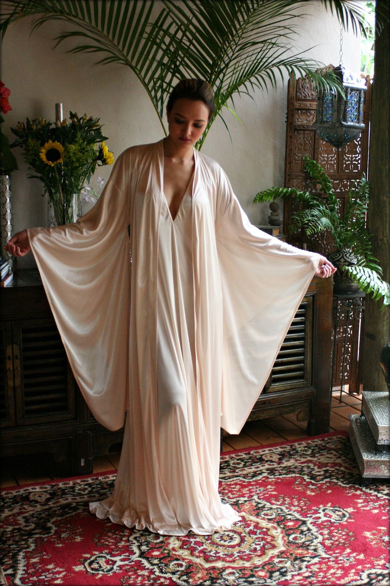 1930s Pajamas, Nightgowns, Sleepwear, Slippers     Satin Bridal Kimono Champagne Bridal Wedding Robe Wedding Lingerie Bridal Sleepwear Art Deco Satin Honeymoon Lingerie Satin Sleepwear $195.00 AT vintagedancer.com