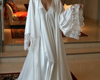 Satin Bridal Robe Wedding Trousseau Satin Sleepwear Wedding Robe Bridal Lingerie Venise Lace Satin Wedding Lingerie Lace Robe