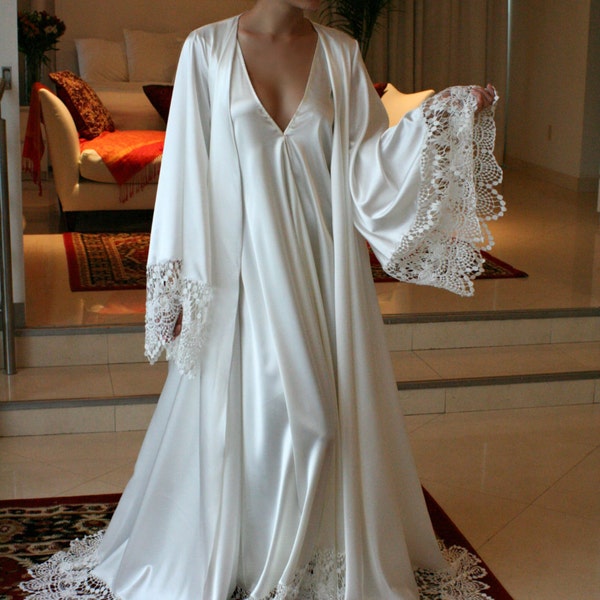 Satin Bridal Robe Wedding Trousseau Satin Sleepwear Wedding Robe Bridal Lingerie Venise Lace Satin Wedding Lingerie Lace Robe