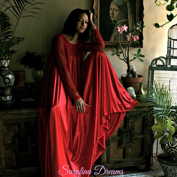 Red Satin Nightgown Holiday Sleepwear Long Lace Sleeve Lingerie