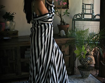 Black and White Stripe Satin Robe: Silky Kimono Wrap