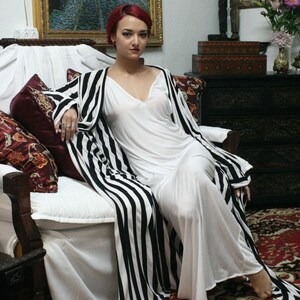 Satin Wrap Kimono Robe Black and White Stripe Satin Lingerie Satin Loungewear Satin Sleepwear Honeymoon Lingerie Cruise Wear image 3