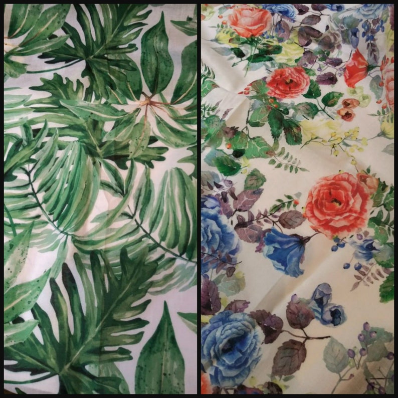 May include: Two fabric swatches with floral patterns. The first swatch features a green tropical leaf design on a white background. The second swatch features a white background with a variety of colourful flowers, including red, blue, and pink.
