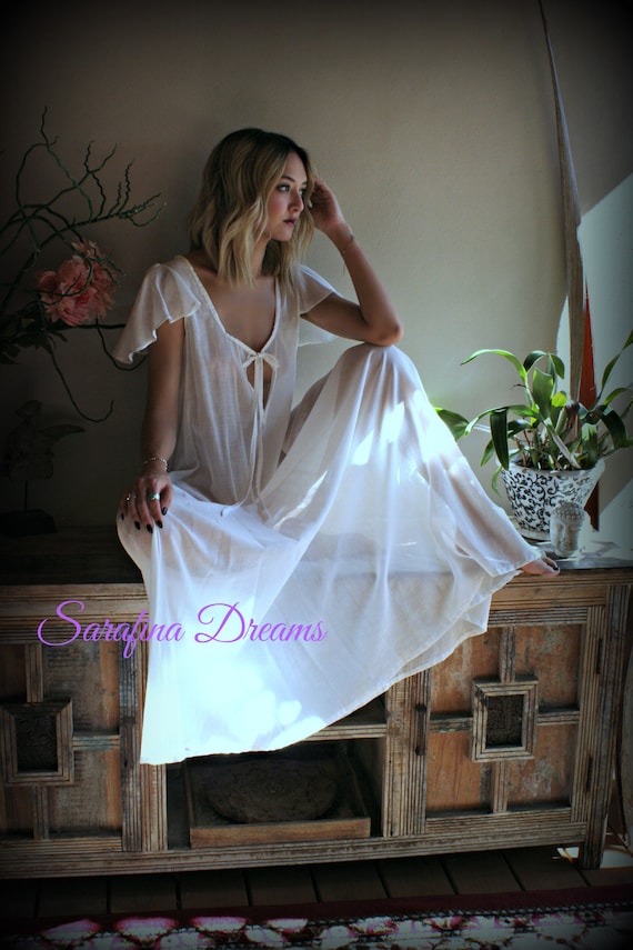 100% Cotton Nightgown Flutter Sleeve Tie Open Bodice Lingerie