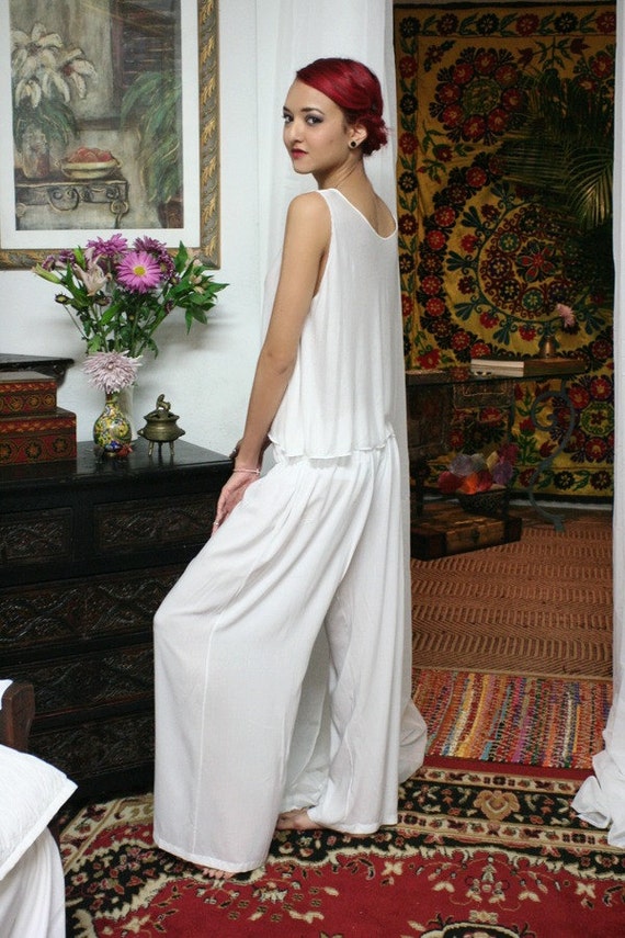 White Silk Pajamas Lounge Sleepwear Bridal Honeymoon Lingerie Wide Leg Cruise Wear